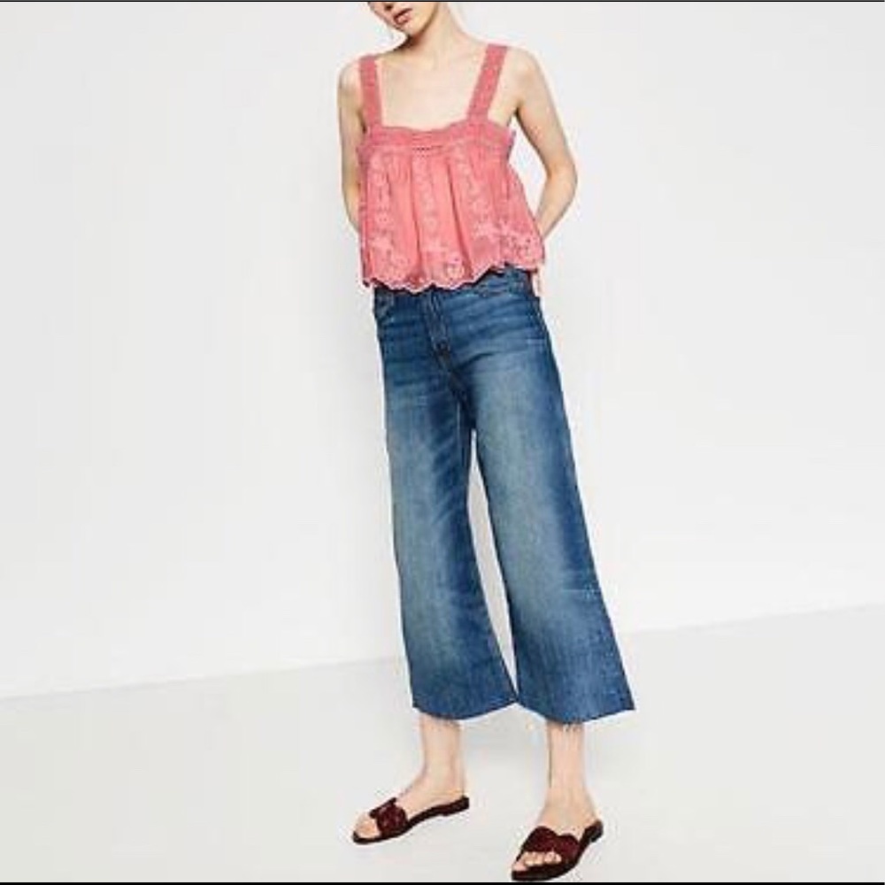 NWT Zara Pink Flowing Embroidered Floral Crop Top - Picture 2 of 8